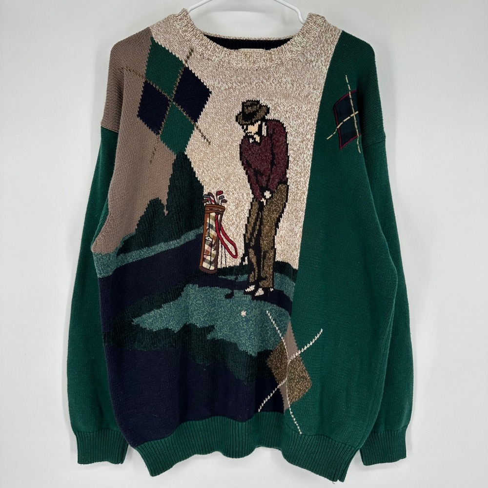 Vintage 90s Cotton Traders Golf Intarsia Argyle Grandpa Sweater Green Mens M